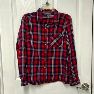 Primark Dark Blue, Red, White Plaid Long Sleeve Button Up Shirt